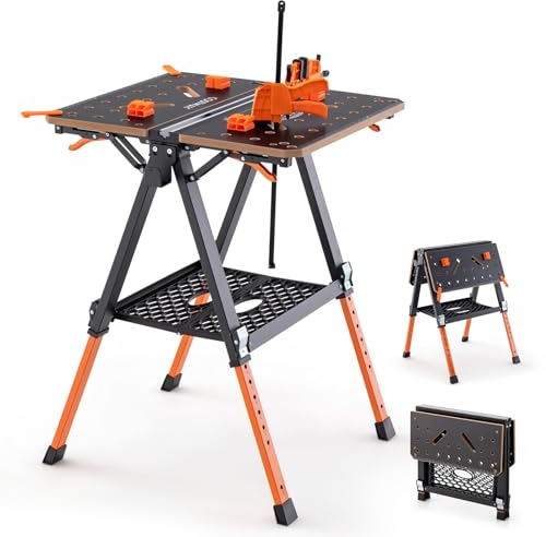 GOPLUS 2 en 1 Banco de Trabajo Plegable y Caballete, Mesa de Trabajo Portátil de Altura Ajustable, con 2 Abrazaderas Rápidas y Accesorios Prácticos, Capacidad de 454 KG, para Almacén, Fábrica, Taller