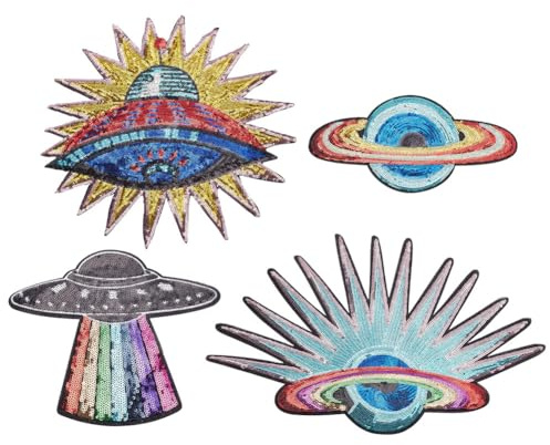 INFUNLY 4pcs Solar System Patches Iron on Sequin Planet Embroidery Patch Rainbow UFO Patch Space Sew on Patch Spacecraft Patch Celestial Applique for DIY Clothing Jeans Bags Jacket Backpack Hat