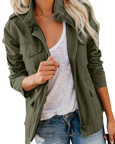 Imily Bela Womens Jacket Ladies Utility Jacket Stand-Up Collar Parka Lightweight with Multiple Pockets Autumn(Army Green,M)