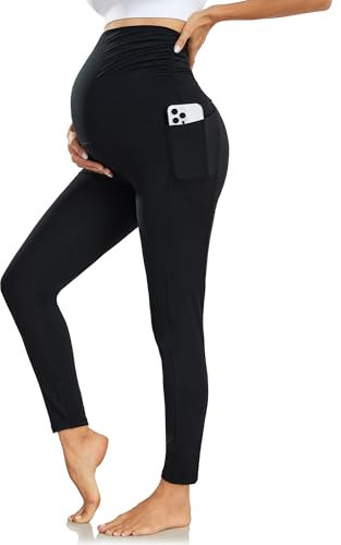 Nlieanuc Legging Grossesse Femme Taille Haute Leggings Maternité avec Poches Opaque Pantalon Grossesse Femme Vetement Enceinte
