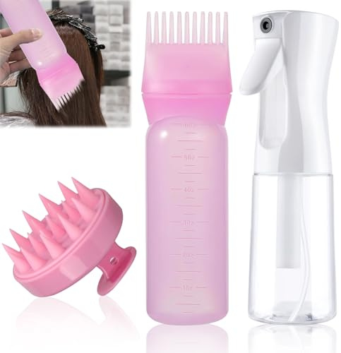 WPPQWP Vaporisateur Cheveux, 170ml Flacon Applicateur Huile Cheveux avec Brosse, 200ml Brumisateur eau Rechargeable, Brosse Massage Cuir Chevelu pour Coloration et Coiffure(Blanc, Rose)