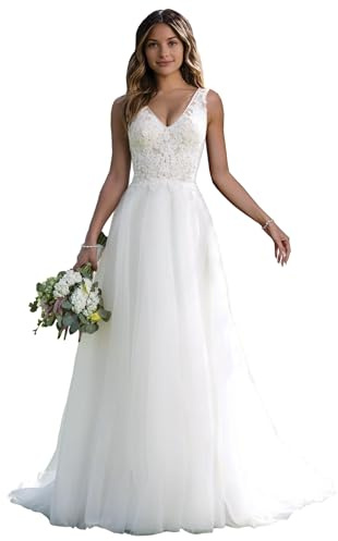JAEDEN Lange Brautkleider Hochzeitskleider Damen Brautmode Tüll Spitze V-Ausschnitt A-Linie Weiß 58