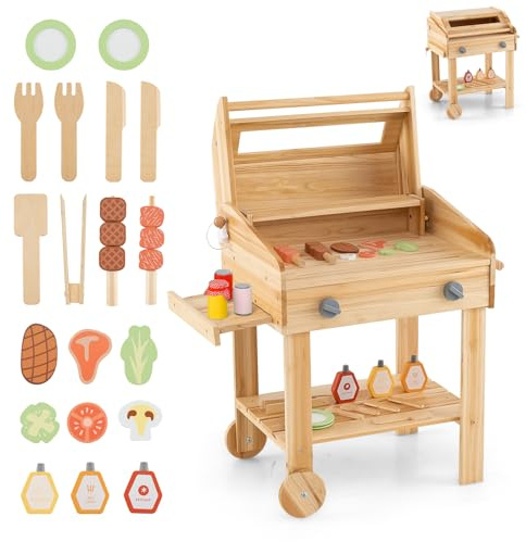 HOMASIS Barbecue Giocattolo per Bambini in Legno, Gioco Griglia Bambini con Utensili da Barbecue e Barattoli di Spezie, Cucina per Bambini dai 3 Anni in su, 53 x 36 x 63 cm, Naturale