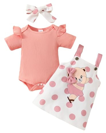 Asmea Vestiti Neonato Femmina,Body Neonata Maniche Corte a Volant + Stampa di Orso Bretella Gonna,Regalo Neonata Femmina Abbigliamento Bimba Completo Bambina Tutina Neonato 3-6 Mesi
