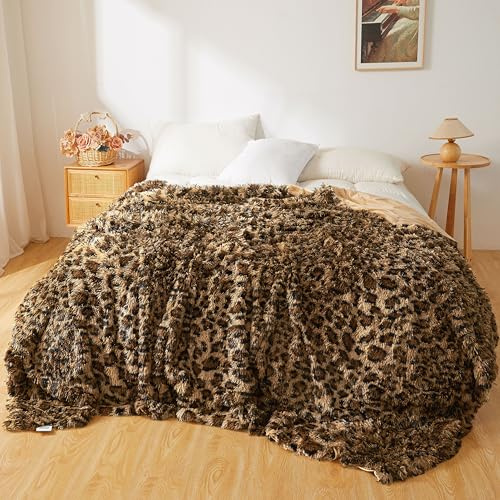 XeGe Flauschige Kunstfell Gepardprint Bettdecke für Kinder, Erwachsene, warm Plüsch Throw Kuscheldecke Queen Size groß für Schlafzimmer Wohnzimmer, Leopard Muster Braun Felldecke, 228x228cm, Queen