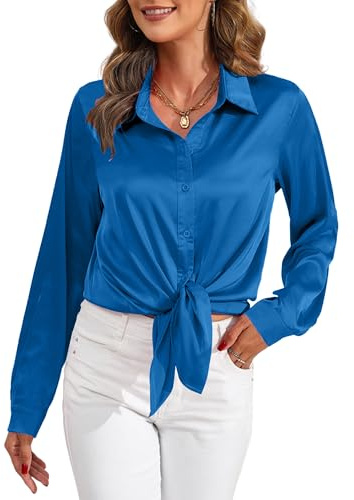Heersan Camicia in Satin Elegante Donna Blusa con Manica Lunga Camicetta da Lavoro con Bottoni Maglietta Shirt Satinato per Ufficio, Serata e Tempo Libero