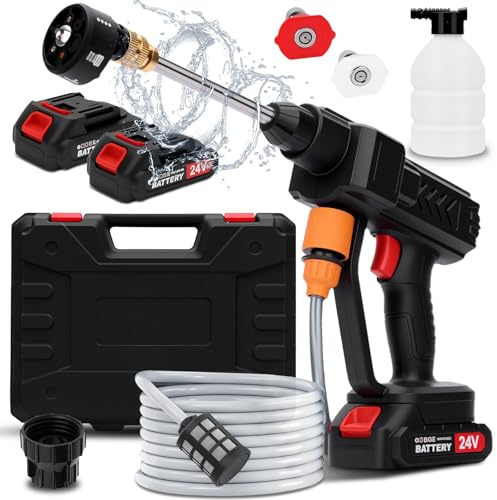 Idropulitrice a Batteria 25 Bar, Idropulitrice Portatile con 6 in 1 Ugello, Tubo da 5M, Serbatoio in Schiuma, Adatto per Lavaggio Auto Giardino Prato e Irrigazione Piante