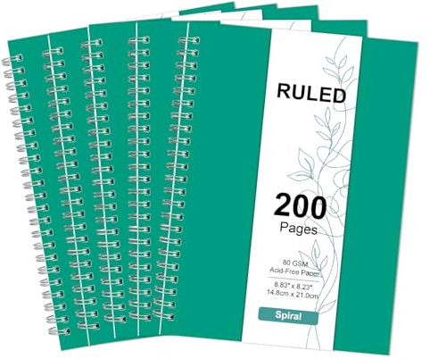 RICHER HOUSE 5-pack A5 linjerad anteckningsbok, 200 sidor spiralhäftad anteckningsbok, linjerat papper trådbunden anteckningsbok, 360° dubbel trådbindning, bulkjournal anteckningsblock för skola