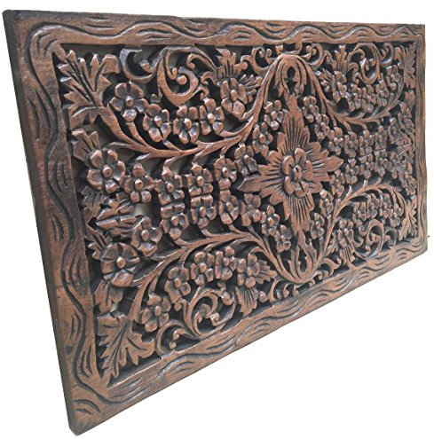 Asiana Home Decor Wood Carved Panel. Decorative Thai Wall Relief Panel Sculpture.Teak Wood Wall Hanging in Dark Brown Finish Size 24x13.5x0.5