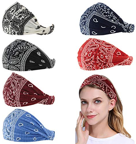 Carede Paisley bandana pannband för kvinnor med elastiskt yoga pannband utomhus hårband justerbar turban huvudsjal, paket med 6