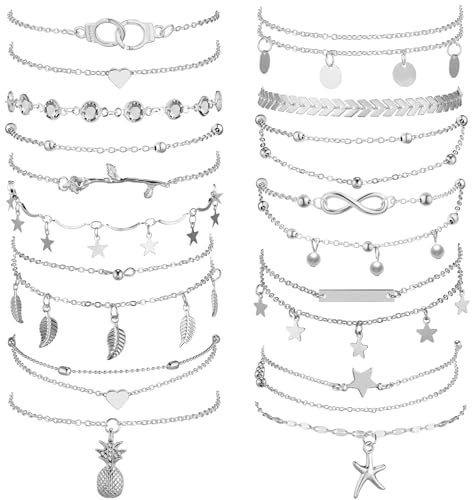Hicarer 16 Pcs Ankle Bracelets for Women, 14K Rose Gold Boho Beach Adjustable Foot Chains Set, Ideal Mother's Day Romantic Gift(Silver)