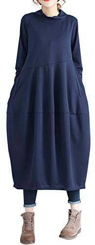 semen Damen Ballonkleider Lang Stehkragen Langarm Ballon Kleider mit Taschen Casual Boho Midikleider