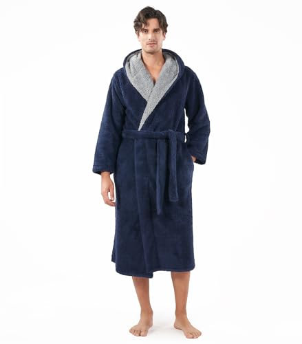 DAVID ARCHY Robe de Chambre Homme Polaire Velours Double Face Peignoir Long à Capuche Vêtements de Nuit Chaude Doucement Confortables Peignoirs de Bain Bleu L