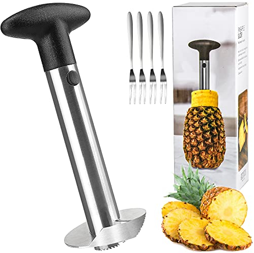 Taglia Ananas, Affetta Ananas Taglia, Utensili per Ananas 3 in 1 in Acciaio Inox con 4 Forchette di Frutta Come Articoli da Regalo 24.5cm Argento/Nero