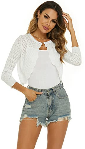 Ietaoo Damen Bolerojacke Festlich 3/4 Arm Blazer Schulterjacke Open Front Weiche Bolero Jäckchen Elegante Jacke mit Knopf Weiß L