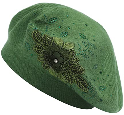 ZLYC Damen Wolle Baskenmütze Klassische Französischen Barett Warm Beret Mütze(Blume Grün)