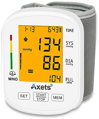 Axets Blutdruckmessgerät Handgelenk Vollautomatische Blutdruck und Pulsmessung, Arrhythmie Warnfunktion, 2 x 99 Speicher, LCD Display, Einstellbare Manschette (Weiß)