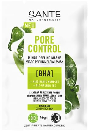 SANTE Naturkosmetik Pore Control BHA Mikro-Peeling Maske, mit mattierendem Bio-Grüner Tee, BHA & Niacinamid Komplex, vegane Gesichtsmaske für Mischhaut, porenverfeinernde Gesichtsreinigung, 8ml