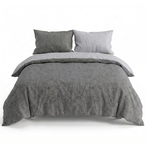 INTRECCI Set Copripiumino Singolo in Flanella di Cotone 100% | Parure Letto Invernale Felpata | Sacco 155x200 cm + 1 Federa 50x80 cm, Effetto Tinto in Filo Double Face | Colore: Grigio Scuro/Chiaro