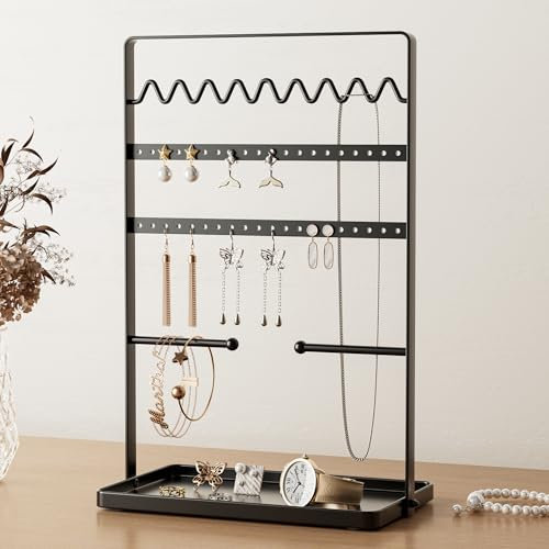 Josmimic Jewellery Stand Necklace Display Holder: Jewelry Tree for Jewellery Storage with Metal Board, Black, 12.2Inch