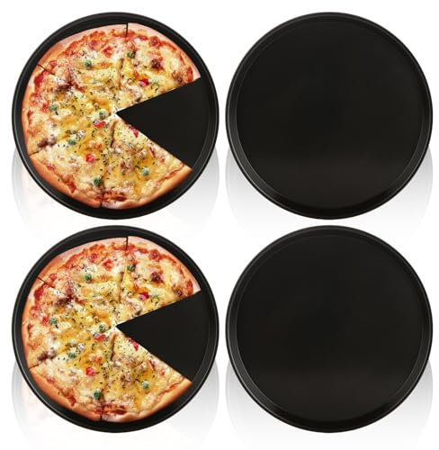 VIDETOL 4 Pack 12 inch Pizza Trays for Oven Non Stick, Non-Stick Round Pizza Pan, Carbon Steel Pizza Oven Trays for Baking and Serving, Less-Stick and Rust Resistant, Black