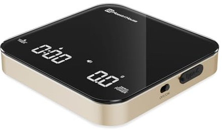 Báscula de Café Mini Recargable con Temporizador, Maestri House, Precisión 0.1g/2kg, para Espresso y Café de Filtro, Báscula Digital Portátil con Cronometraje Automático-Negro y Oro