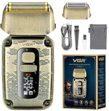 VGR Rasoio elettrico da uomo, senza fili, ricaricabile tramite USB, per barba pulita, barba, testa calva, dissolvenza della pelle da barbiere, impermeabile, 7500 giri/min, con trimmer pop-up, batteria