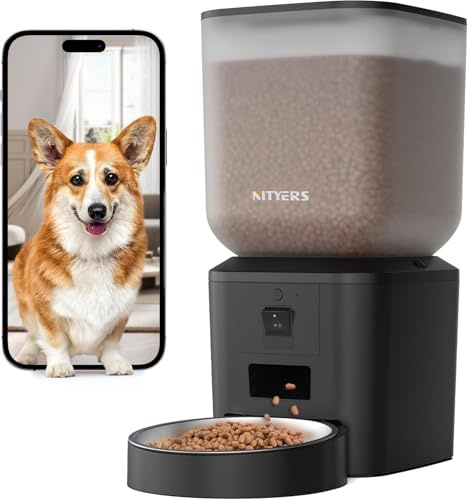 Nityers Distributore Automatico Cibo per Gatti e Cani con Telecamera 1080P e Visione Notturna, Audio Bidirezionale, WiFi 2.4/5GHz, Controllo APP, Ciotola Inox Grande