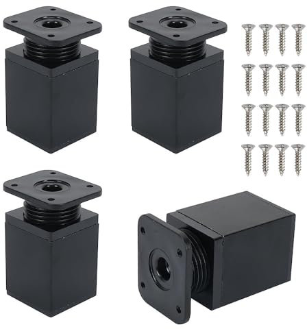 Minnhua 4PCS Pies Ajustables para Muebles 60mm Pata Cuadrada para Muebles Pata de Metal para Muebles con 16 Tornillos Pies Ajustables para Gabinetes Cama Estantes (Negro)