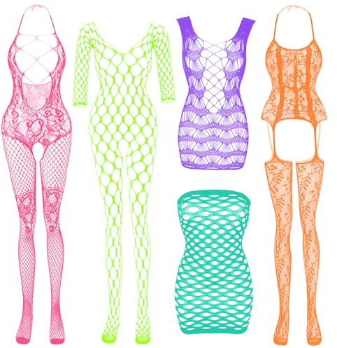 Body résille pour femmes lingerie vêtements de nuit dentelle bas fleurs pour rendez-vous romantique porter lingerie pétillante (5 pièces), 05 pièces : couleur claire 2, taille unique