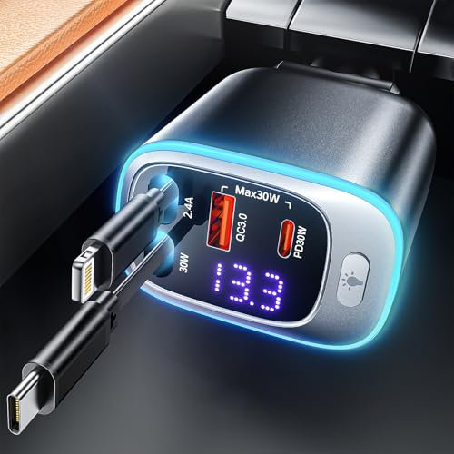 Rolgno Rétractable Chargeur Allume Cigare USB C, [Charge Rapide 4 Ports] Chargeur Voiture 72W, Prise Allume Cigare 12V PD30W&QC3.0, Câbles Doubles 65cm Adaptateur Allume Cigare pour iPhone/Galaxy/iPad
