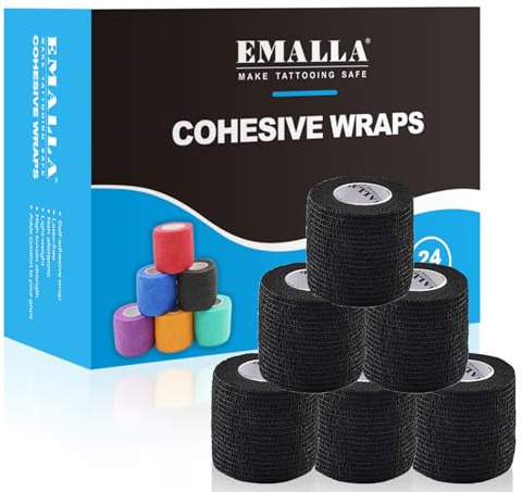 EMALLA 24pcs Tattoo Grip Cover Tape 5cm x 4.5m Cohesive Bandage Wrap Self-Adhesive Bandage Self Adherent Sport Tape for Tattoo Supplies Wrist & Ankle Sprain Vet Wrap for Horses
