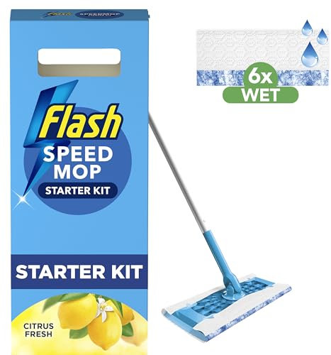 Flash Speedmop Wet Mop Floor Cleaner Starter Kit For Cleaning Floors With Scrubbing Action, Includes 1 Handle & 6 Wet Refills