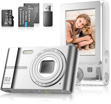 Hlieeosfcn Digitalkamera, 1080p, 50 MP, 4K Kompakt-Cam-Ära mit 32 GB Karte, 1400 mAh Akku, 16-facher Digitalzoom kleine Cam-Ära mit 6,1 cm LCD-Bildschirm, Autofokus, zeitgesteuerte Vlogging-Kamera