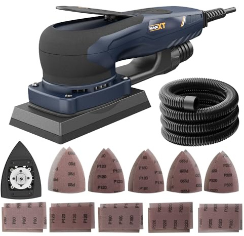 MAXXT Ponceuse Delta et Rectangle 2-en-1 sans balais 350W, 6 vitesses réglables (4000-10000 tr/min), Arrêt en 1-2 secondes, 20 feuilles abrasives incluses, Parfaite pour les angles serrés