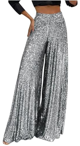 FlutVolt Pantalones de lentejuelas para mujer, pantalones acampanados de pierna ancha, pantalones de cintura alta con purpurina, pantalones casuales Marlene, pantalones plisados, harén metálico