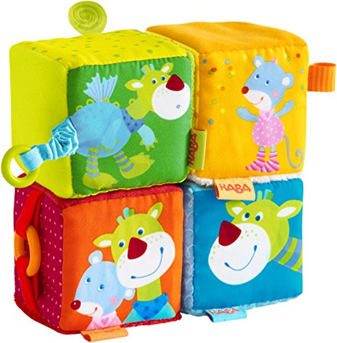 HABA 303878 - Spielwürfel Maus Merle & Drache Duri , 4 Bunte Stoffwürfel mit vielen Spieleffekten und Rattermotor , Baby-Spielzeug ab 6 Monaten