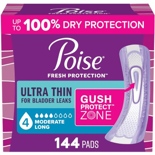 Poise Ultra Thin Incontinence Pads & Postpartum Pads for Bladder Leaks, 4 Drop Moderate Absorbency, Long Length, 144 Count, Packaging May Vary