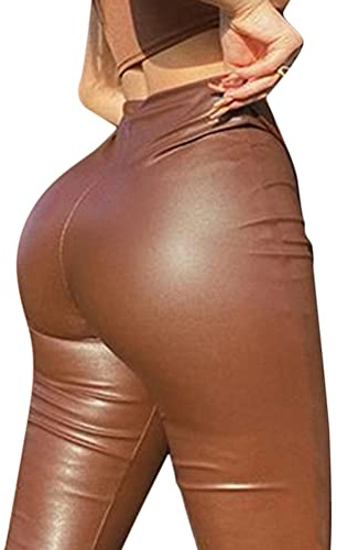 ORANDESIGNE Leggings Ecopelle Donna Sexy Vita Alta Pantaloni in Pelle Push up Collant PU Similpelle Leggins Coated Slim Treggins Basic Leather Pants A Marrone XS