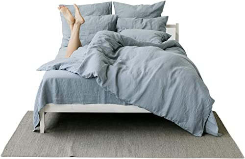 My Linen Home Set Copripiumino/Biancheria da Letto in Lino Lavato (100% StoneWashed) Blu grigio, 1 Copripiumino 240x220 cm e 2 Federa Cuscino Lino 40x80 cm I Copripiumino Con Cerniera