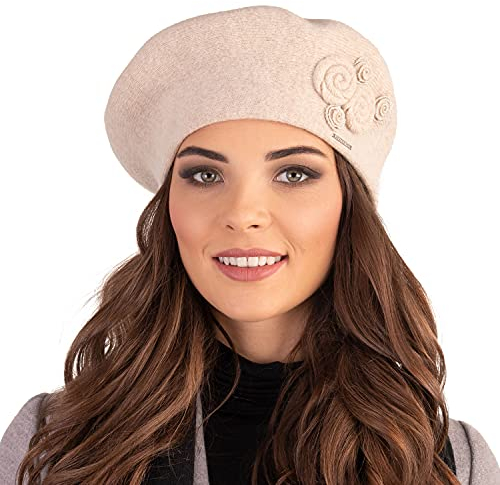 VIVISENCE Baskenmütze Damen Winter Elegante Mit Klassischem Herbst Frauen Mütze Schnitt Warmer Wollmischung Floraler Applikation Perfekter Passform Ideal Für Kalte Tage Modell, Beige,Einheitsgröße