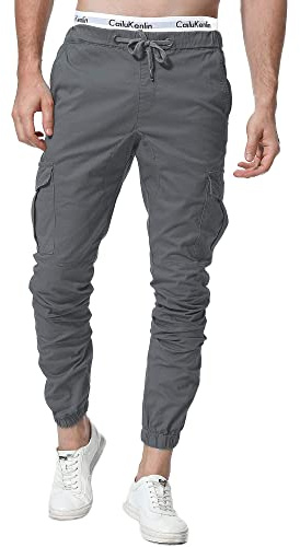 ZOEREA Herrbyxor casual sport stretch joggingbyxor långa byxor med fickor bomull slim fit cargobyxor herr, Grå, XL