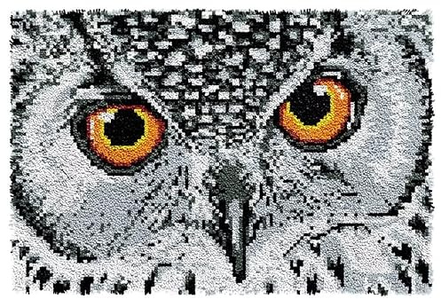 ROCKY&CHAO Latch Hook Kits for Adults, Gray Owl 23.6x15.7Inch, DIY Latch Hook Gray Owl Rug Kit 60x40cm, Home Carpet Rug Making Kit, Cross Stitch Embroidery Kits Needlework Crafts Rug for Home Decor