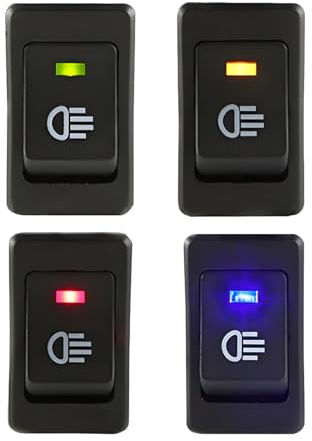 CGEAMDY 4 Pièces Voiture Moto de Lumière de Brume Interrupteur à Bascule, On/Off Interrupteur Bascule pour Voiture Auto, 4 Broches on/Off LED Commutateur à Bascule Bouton Rouge/Jaune/Bleu/Vert