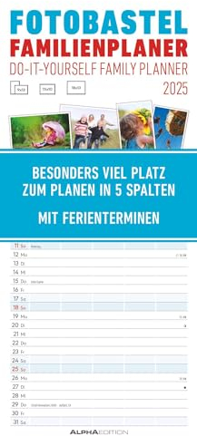 Alpha Edition - Foto-Bastel-Familienplaner 2025 Bastelkalender, 19,5x45cm, Wandkalender mit 5 Spalten für Termine, Mondphasen, Ferientermine DE/AT/CH und deutsches Kalendarium