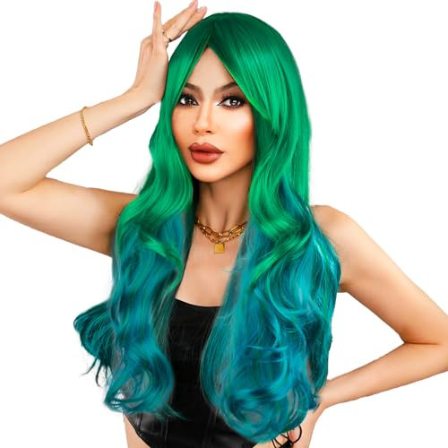 Damen Perücke Grün Lange Lockige Haar Perücken Synthetische Perücke Anime Cosplay Perücke Wigs mit Haarnetz für Kostümparty Halloween Karneval