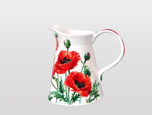 Heritage Porcelain Pitcher Jug - 15cm with Unique Poppy Flower Design - Perfect Kitchen Jug for Water, Milk, Cream, Gravy, Sauce or Custard - Great Housewarming or Moving Gift
