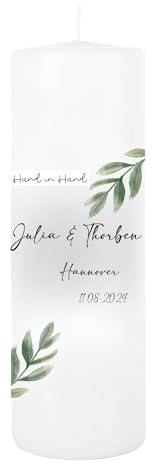 MilaBoo® Hochzeitskerze personalisiert in 8x25cm I Traukerze beidseitig bedruckt in Farbe I Hochzeitsgeschenk für Brautpaar Made in Germany (Hand in Hand)