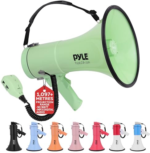 Pyle Megaphone Speaker with Siren, Bullhorn 50W w/Loud Speaker, For Music, Whistle and Record Cheer Megaphones, For Soccer Coach and Football Game Day Essentials