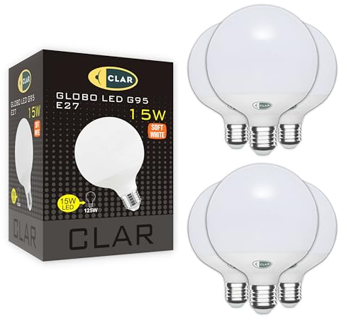 CLAR - Bombilla Grande Globo LED, 15W, Luz Cálida, 3000ºK (Pack 6)